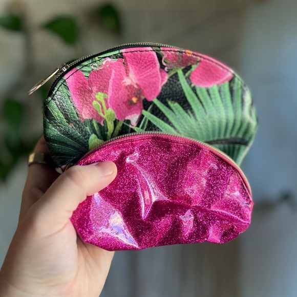 Makeup Bag Set - Pink Glitter & Floral Orchid Print Cosmetic Pouches 2 Piece Set - Picture 1 of 8